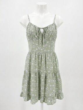 Hollister Sage Green Floral Boho Tie-Front Mini Dress Size Large